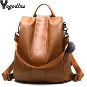 Quality Leather Anti-thief Women Backpack Large Capacity Hair Ball School Bag for Teenager girls Male Travel Bags