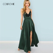 COLROVIE Green Sequin Split V-Neck Summer Dress New High Waist Backless Maxi Dress Sexy Satin Women Evening Party Dress
