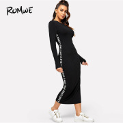 ROMWE Contrast Letter Tape Side Dress 2019 Women Spring Autumn Casual Bodycon Ankle-Length Round Neck Long Sleeve Dress