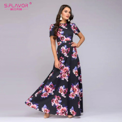 S.FLAVOR Spring Summer Short Sleeve Floral Print Long Dress Elegant Party Dress Vintage Women Clothing Bohemian Vestidos De