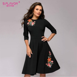 S.FLAVOR Vintage A-line Dress New Fashion Appliques Black Slim Dress For Women Elegant Three Quarter Sleeve Spring Vestidos
