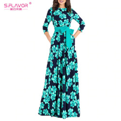 S.FLAVOR Women Bohemian long dress Hot sale Spring Summer fashion printing vestidos for female good quality women elegant dress