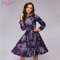 S.FLAVOR Women printing A-line dress Elegant purple color ruffles long sleeve short dress New Spring Summer vintage vestidos