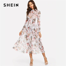 SHEIN Multicolor Highstreet Party Elegant Mock Neck Semi Sheer Pleated Floral A Line Dress 2018 Autumn Modern Lady Women Dresses