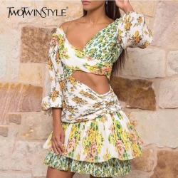 TWOTWINSTYLE Print Dresses Female Off Shoulder Lantern Long Sleeve Hollow Out Irregular Mini Dress For Women Casual 2018 Autumn