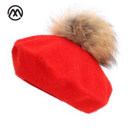 New painter beret outdoor artist hats autumn and winter new warm knit caps solid color fashion raccoon fur pom-pom vintage beret