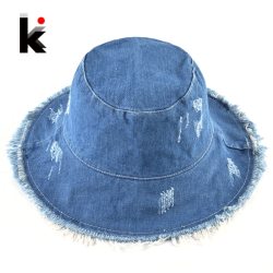 Summer Washed Denim Sun Hat Women Fashion Tassel Floppy Cap Ladies Wide Brim Beach Bucket Hats Female Cotton foldable Chapeu