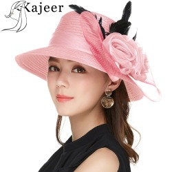 Kajeer Elegant Women Summer Autumn Bucket Hats Female Big Feather Mesh Decorate Bowler Church Hat Pink Net Yarn Hats Cap UV rays