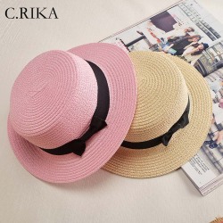2019 fashion ladies Flat Bow Straw hat summer sun Hat for Women girls fashion beach  Fedora hat