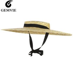 GEMVIE New Large Brim Straw Hat Summer Hats For Women 12cm-15cm Brim Black Ribbon Beach Cap Boater Flat Top Sun Hat Chin Strap