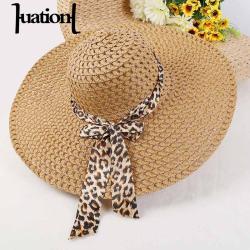 Huation 2019 New Sun Hats for Women Girls Wide Brim Floppy Straw Hat Summer Bohemia Beach Cap Leopard Ribbon chapeau femme ete
