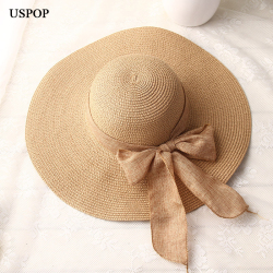 USPOP 2019 fashion women sun hats hand made straw hat female ribbon bow-knot wide brim beach hat casual summer shade anti uv cap