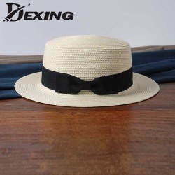 wholesale 2019 flat bow straw hat  girls summer sun Hats For Women Beach boater hat  ladies panama chapeau femme sun fedora