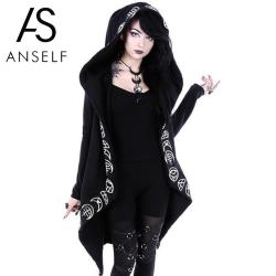Anself Women Gothic Chic Hooded Sweatshirt Plus Size Cotton Loose Moon Plain Print Long Coat Punk Hoodie Irregular Hoodie Top