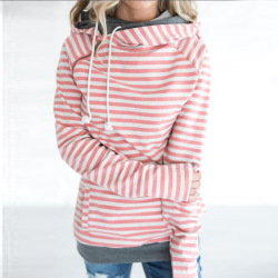 New Autumn Winter Casual Women Patchwork Striped Pullover Warm Long Sleeve Hoody Tops With Pockets Double Hood Hooded Sweatshirt