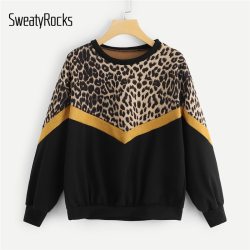 SweatyRocks Leopard Panel Drop Shoulder Sweatshirt Long Sleeve O-Neck Pullover Tops 2018 Fashion Autumn Women Casual Sweatshirts