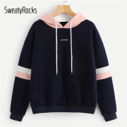 SweatyRocks Navy Contrast Panel Drawstring Hoodie Sweatshirt Long Sleeve Pullovers Women Hoodies 2018 Autumn Casual Sweatshirts