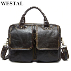 WESTAL Men Briefcases Genuine Leather Messenger Bags Men Leather Laptop Bag 14 Bags for Document Business Male Briefcases 8002