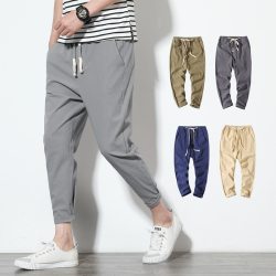 Cotton Linen Joggers Black Men's Harem Pants Solid Fitness Casual Ankle-Length Mens Trousers Summer Streetwear Clothes Male