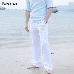 Faroonee New High quality Men's Summer Casual Pants Natural Cotton Linen Trousers White Linen Elastic Waist Straight Man's Pants