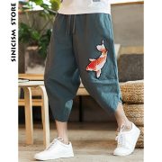Sinicism Store Mens 2019 New Beach Pants Male Summer Casual Calf-Length Pants Man Carp Embroidery Baggy Loose Trousers