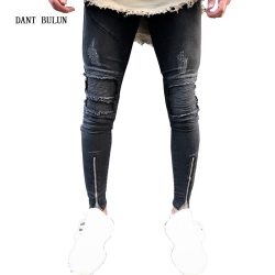 High Quality Men Elastic Skinny Jeans Wrinkle in Knee Hip Hop Biker Pants Thigh Ankle Zipper Male Ripped Trousers Dropshipping