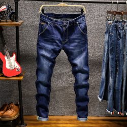 Spring New Men's Elastic Cotton Stretch Jeans Pants Loose Fit Denim Trousers Men's Brand Fashion Wear and washed jean pants