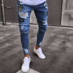 hole embroidered jeans Slim men trousers NEW 2019 men's Casual Thin Summer Denim Pants Classic Cowboys Young Man black blue