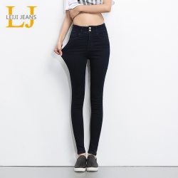 LEIJIJEANS 2019 Plus Size button fly women jeans High Waist black pants women high elastic Skinny pants Stretchy Women trousers
