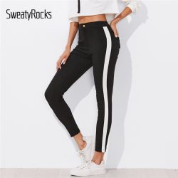 SweatyRocks Contrast Panel Side Skinny Ankle Jeans 2018 Summer Straight Leg Zipper Fly Pants Women Black Sporting Striped Pants