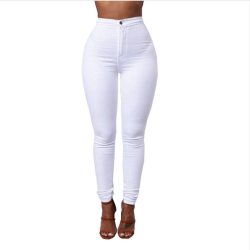 Full Length Cotton Pants Woman Regular White Black High Waist Elastic Faux Jeans Long Pants Female Casual Pencil Pants  S-XXXL