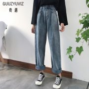 GUUZYUVIZ Loose Vintage Woman Jeans 2017 Autumn Bleached Casual Boyfriend Curl Denim Wide Leg Pants Oversize High Waist Jean