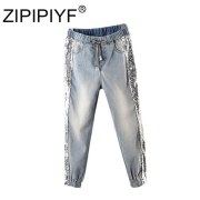 Largesize 5xl Patchwork Sequined Jeans Women Washed Denim Trouser Jeans Female Elastic Waist Cargo Pants Side Striped Jeans B010