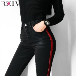 RZIV jeans woman casual stretch denim solid color stitching waist black jeans and skinny jeans trouser