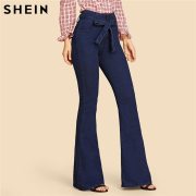 SHEIN Navy High Waist Vintage Long Flare Leg Belted Jeans Women Tie Waist Zipper Fly Retro Stretchy Black Denim Pants 4 Colors
