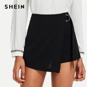 SHEIN Black Elegant Office Lady Wrap Solid Knot Zipper Mid Waist Fly Solid Shorts 2018 Summer Autumn Highstreet Women Shorts