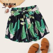 SHEIN Bohemian Belted Paperbag Waist Tropical Print Shorts Women 2019 Beach Vacation Casual Elastic Waist Summer Shorts
