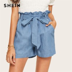 SHEIN Casual Blue Paperbag Waist Twin Pocket Patched Belted Denim Shorts Women Summer 2019 High Waist Wide Leg Solid Shorts