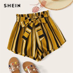 SHEIN Paperbag Waist Self Belted Striped Shorts 2019 Summer Elastic Waist Shorts Boho Ginger High Waist Culottes Shorts