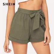 SHEIN Self Belted Elastic Waist Shorts Fitness Swish Women Army Green Solid Mid Waist Shorts 2019 Fashion Summer Shorts
