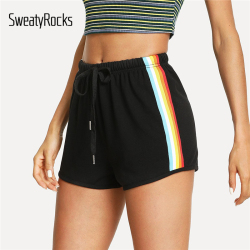 SweatyRocks Striped Side Drawstring Shorts 2018 Summer Elastic Waist Athleisure Shorts Women Black Mid Waist Sporting Shorts