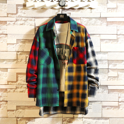 Spring personality Korean version of the trend of color matching plaid shirt men's casual hip hop loose long-sleeved shirt 5XL
