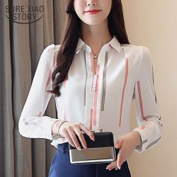2018 New autumn  women shirts striped chiffon  long sleeved woman top   V- neck OL STYLE western style slim fit blusa 0973 30