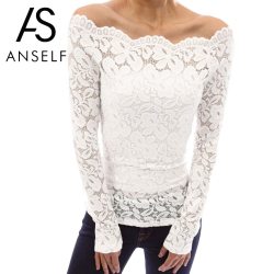 Anself Sexy Plus Size Lace Top Women Hollow Out Off Shoulder Lace Blouse Slash Neck Long Sleeves Elegant Ladies 5XL Shirt Tops