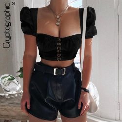Cryptographic square collar fashion hooks women tops and blouses shirts sexy crop tops cropped shirts puff sleeve short clothes