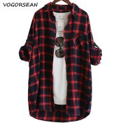 VogorSean Cotton Women Blouse Shirt Plaid 2019 Loose Casual Plaid Long sleeve Large size Top Womens Blouses red/green
