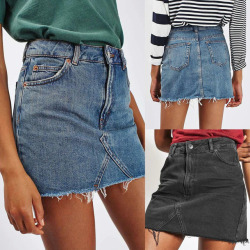 2019 New Summer Solid Color Denim Empire Skirt Women's High Waist Casual  A-Line Denim Distressed Bodycon Short Jean Skirt #C