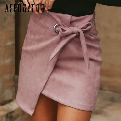 Affogatoo Asymmetrical sash knotted suede skirt women High waist sexy split winter skirt 2018 Autumn casual leather skirt female