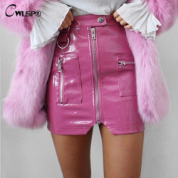 CWLSP New Pink PU Leather Skirts 2018 Summer Sexy Skirts For Women Slim Split Zipper With Metal Button Mini Skirt QZ2579