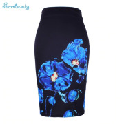 New arrival blue Flower print women pencil skirts lady midi saias female black faldas girls slim bottoms M-XXL free shipping
